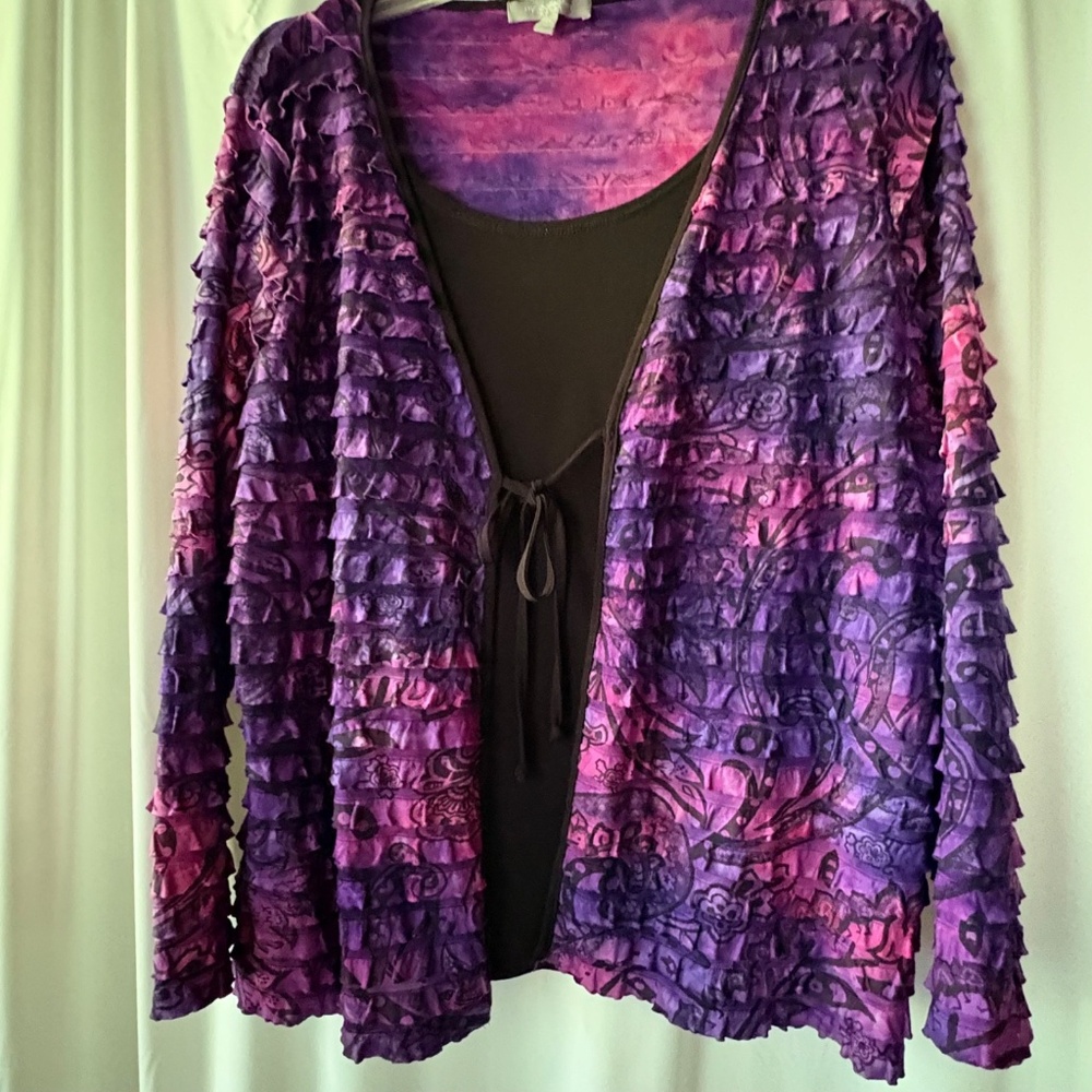 NY Collection Purple Ruffled Long Sleeve Open Front w Panel Blouse 2X